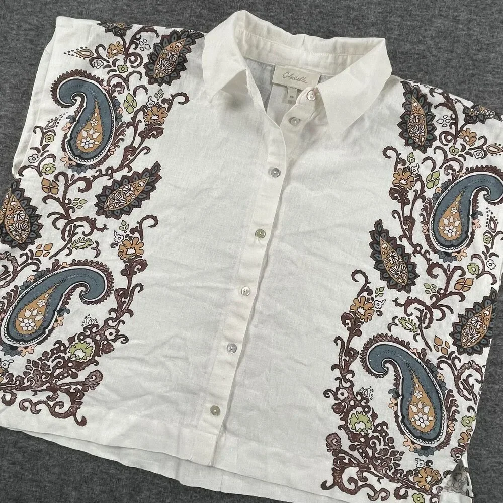 Cleobella XS White Paisley Coastal Linen Blend Lagenlook Cropped Boho Blouse - Picture 2 of 13